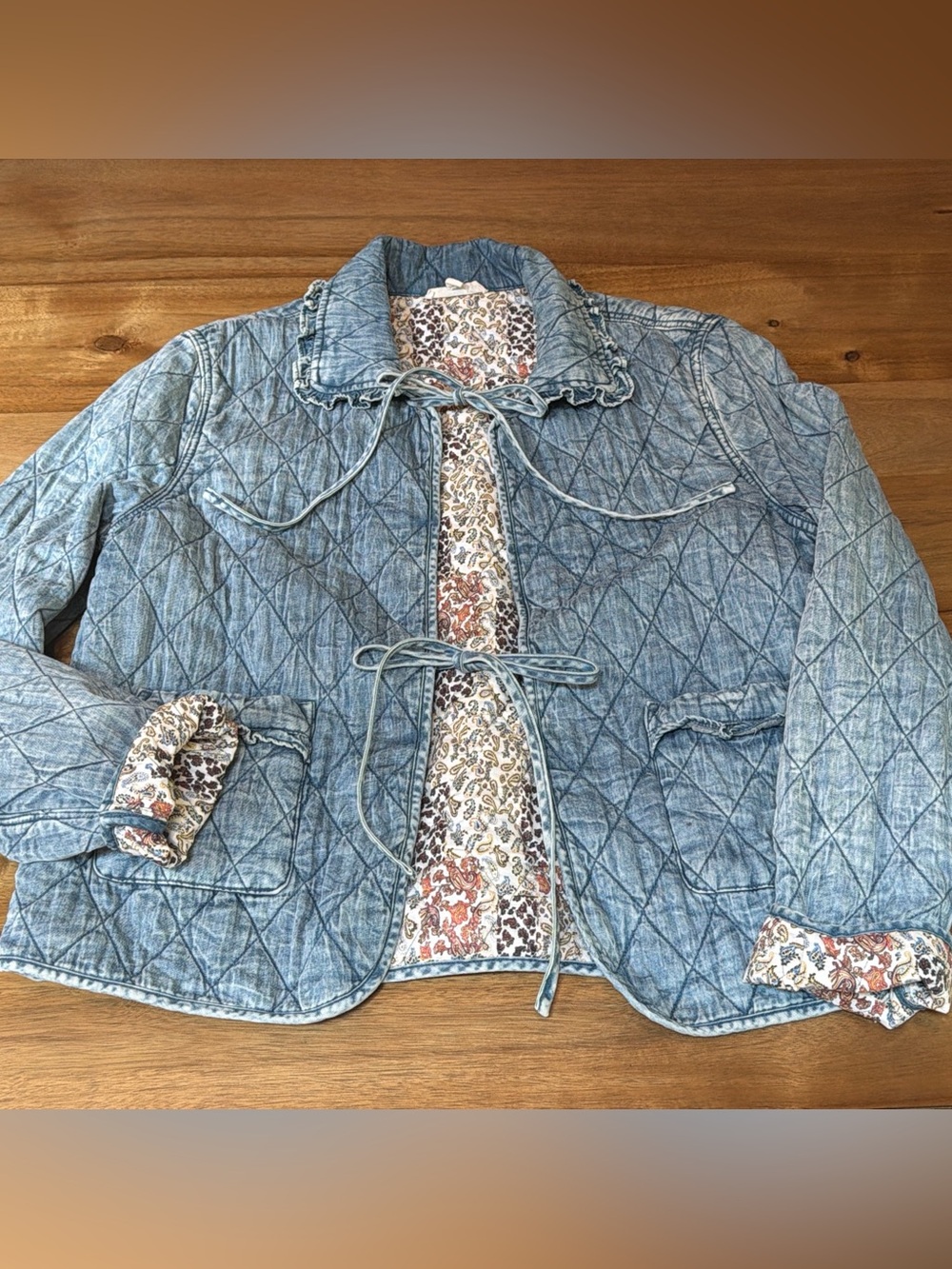 Easel Bow Front Quilted Denim Washed Jacket Blue Boho Ruffle Tie Front Small